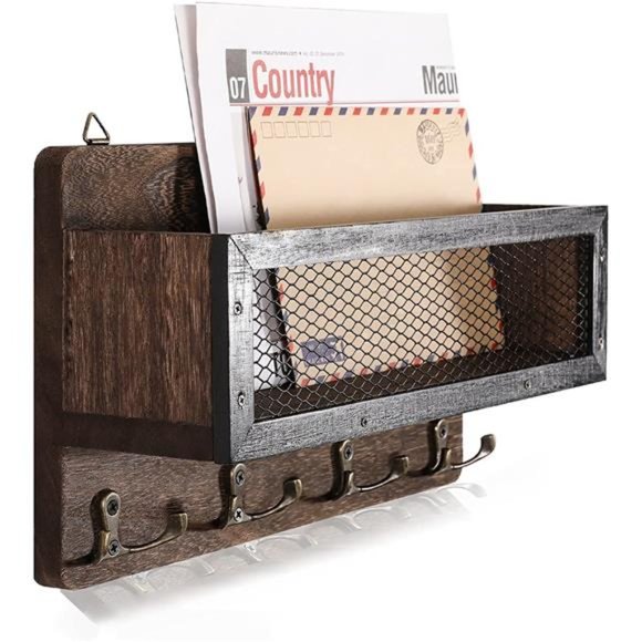Mail and Key Holder for Wall Decorative, Wooden Wall Key Rack Organizer - Picture 1 of 7